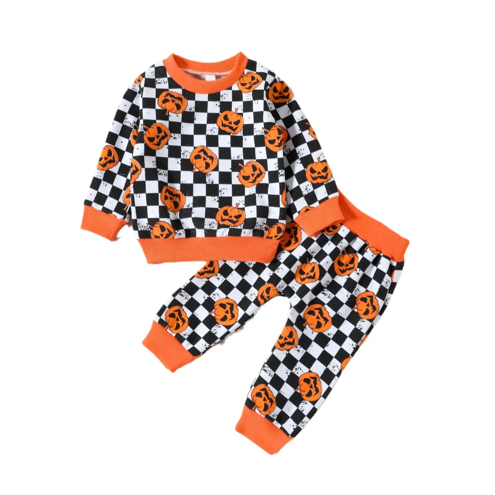 2 Pieces Set Baby Kid Girls Halloween Color-blocking Checked Print Hoodies Swearshirts And Pants Wholesale 23090637