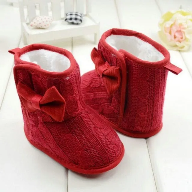 Baby Girl Knit Bowknot Faux Fleece Snow Boot Soft Sole Kids Warm Wool Baby Shoes 3-18M