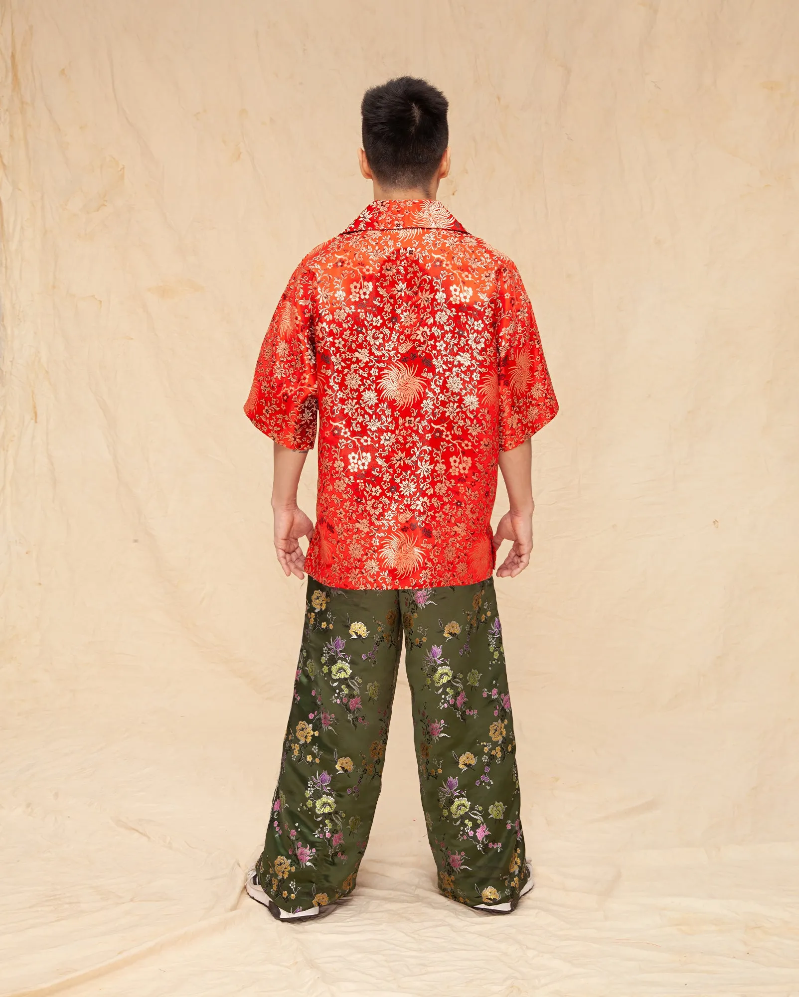 Baju Pantai Tenun Cina Berpoket (Red Chrysanthemum)