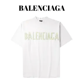 BALENCIAGA  |Crew Neck Pullovers Stripes Plain Cotton Short Sleeves Logo