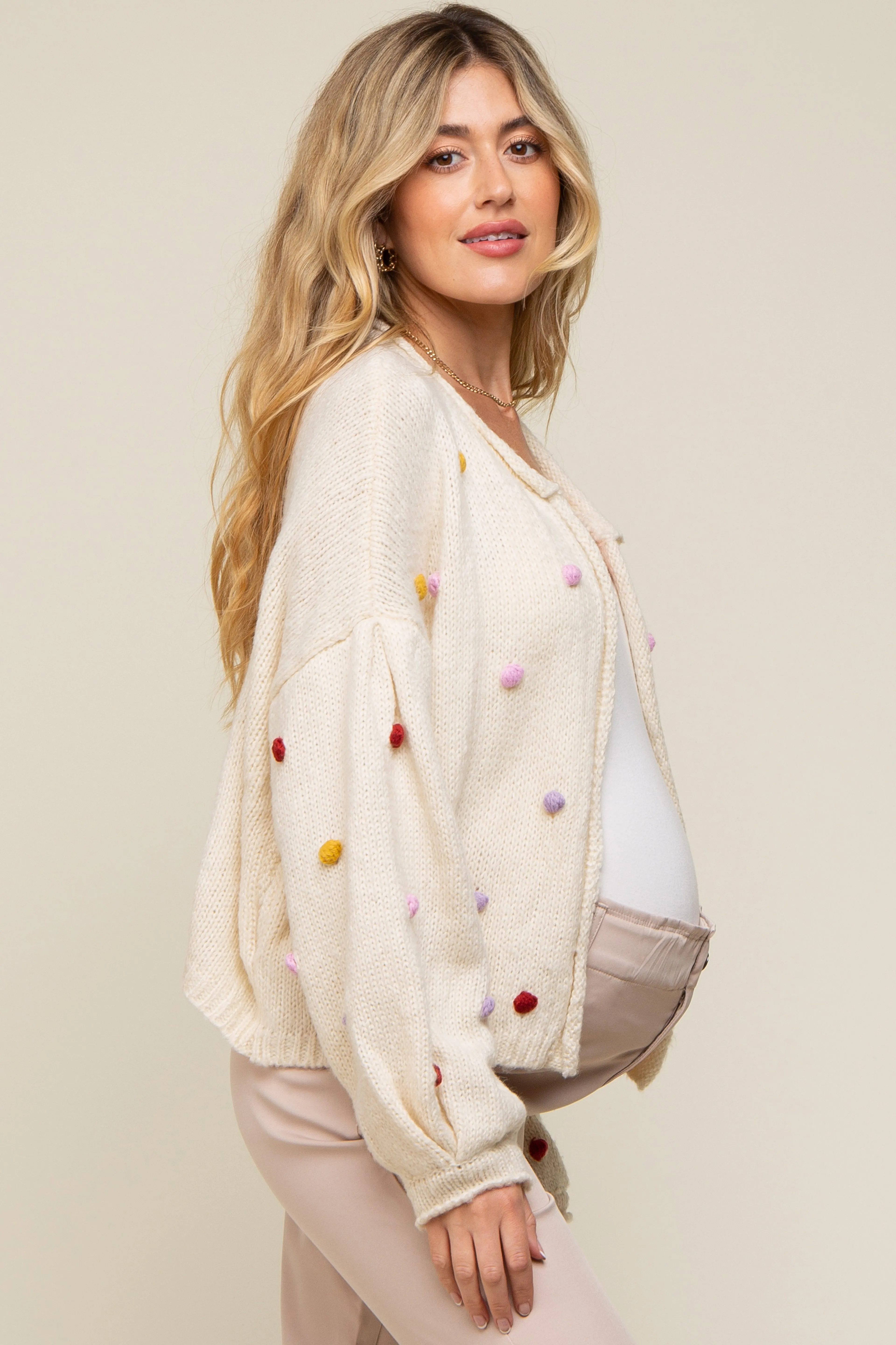 Beige PomPom Maternity Cardigan