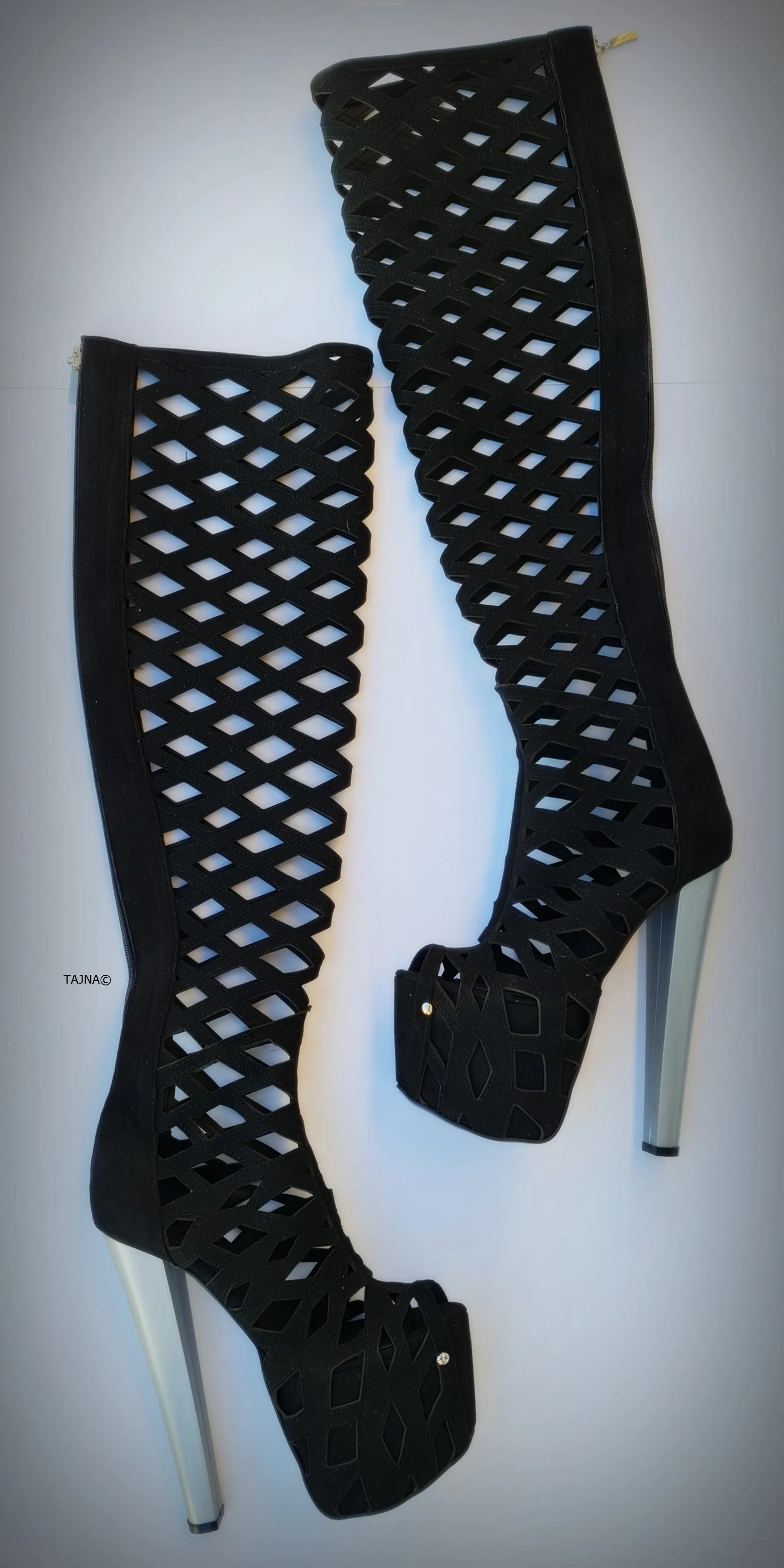 Black Suede Laser Cut Thigh High Thick Heel Boots