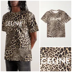 CELINE  |Crew Neck Pullovers Leopard Patterns Cotton Short Sleeves