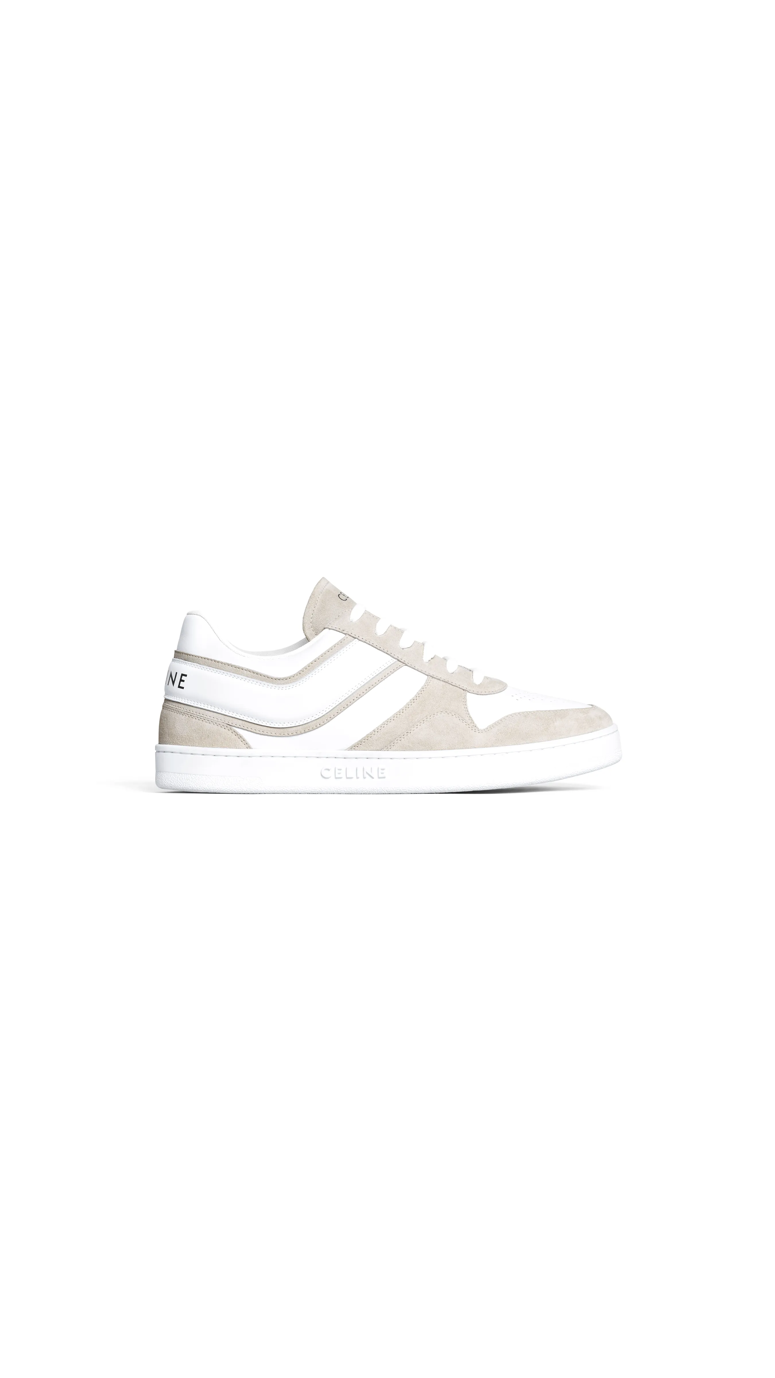 Celine Trainer Low Lace-up Sneaker In Suede Calfskin And Calfskin - Grey/optic WhiteCeline Trainer Low Lace-up Sneaker In Suede 