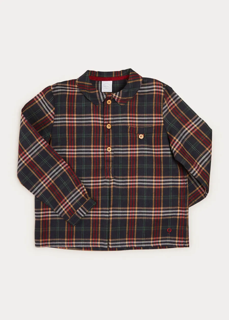 Checked Polo Collar Long Sleeve Shirt In Navy (4-10yrs)