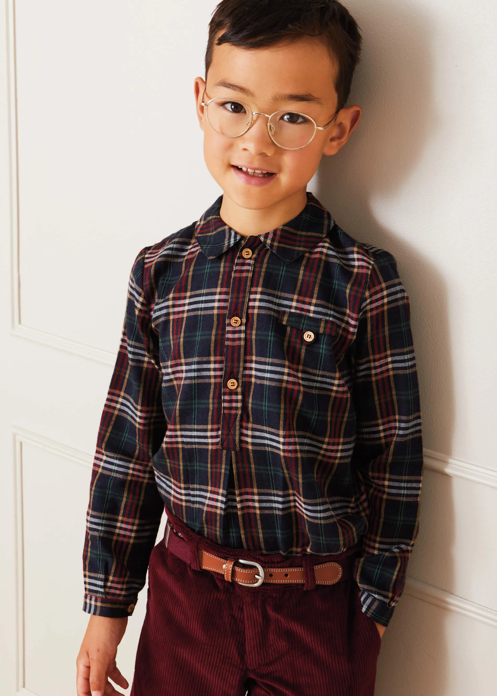 Checked Polo Collar Long Sleeve Shirt In Navy (4-10yrs)