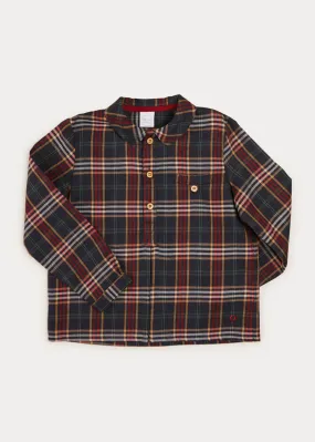 Checked Polo Collar Long Sleeve Shirt In Navy (4-10yrs)