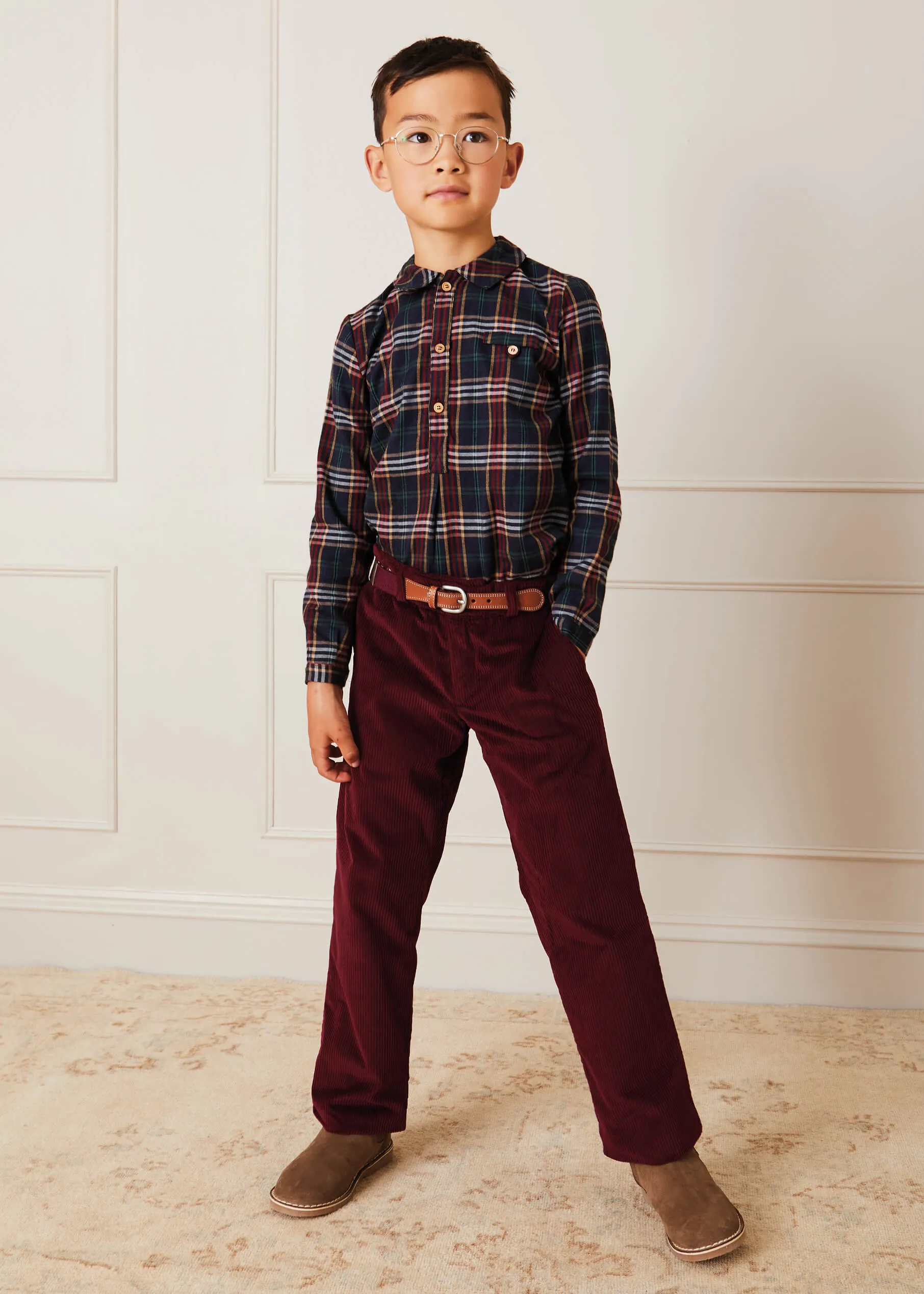 Checked Polo Collar Long Sleeve Shirt In Navy (4-10yrs)