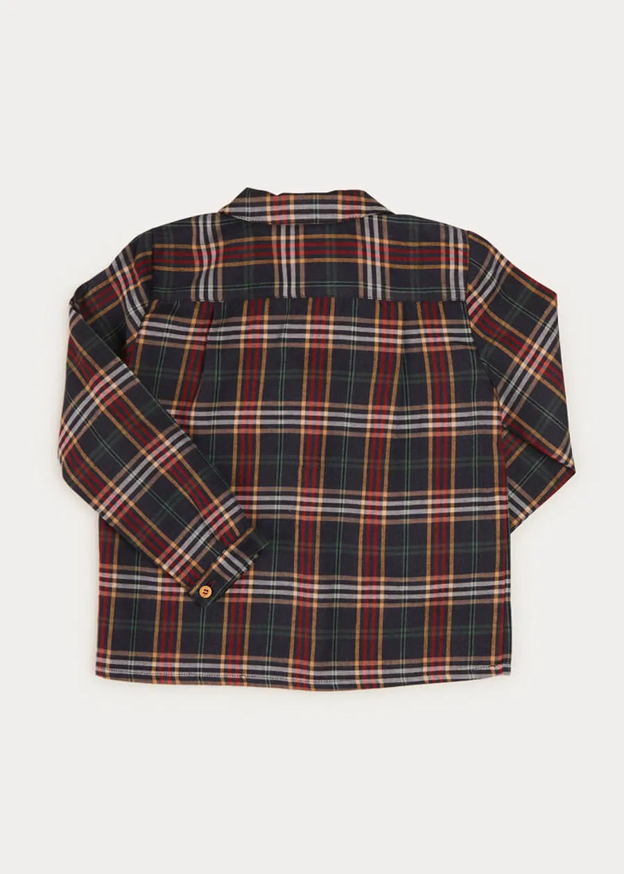 Checked Polo Collar Long Sleeve Shirt In Navy (4-10yrs)