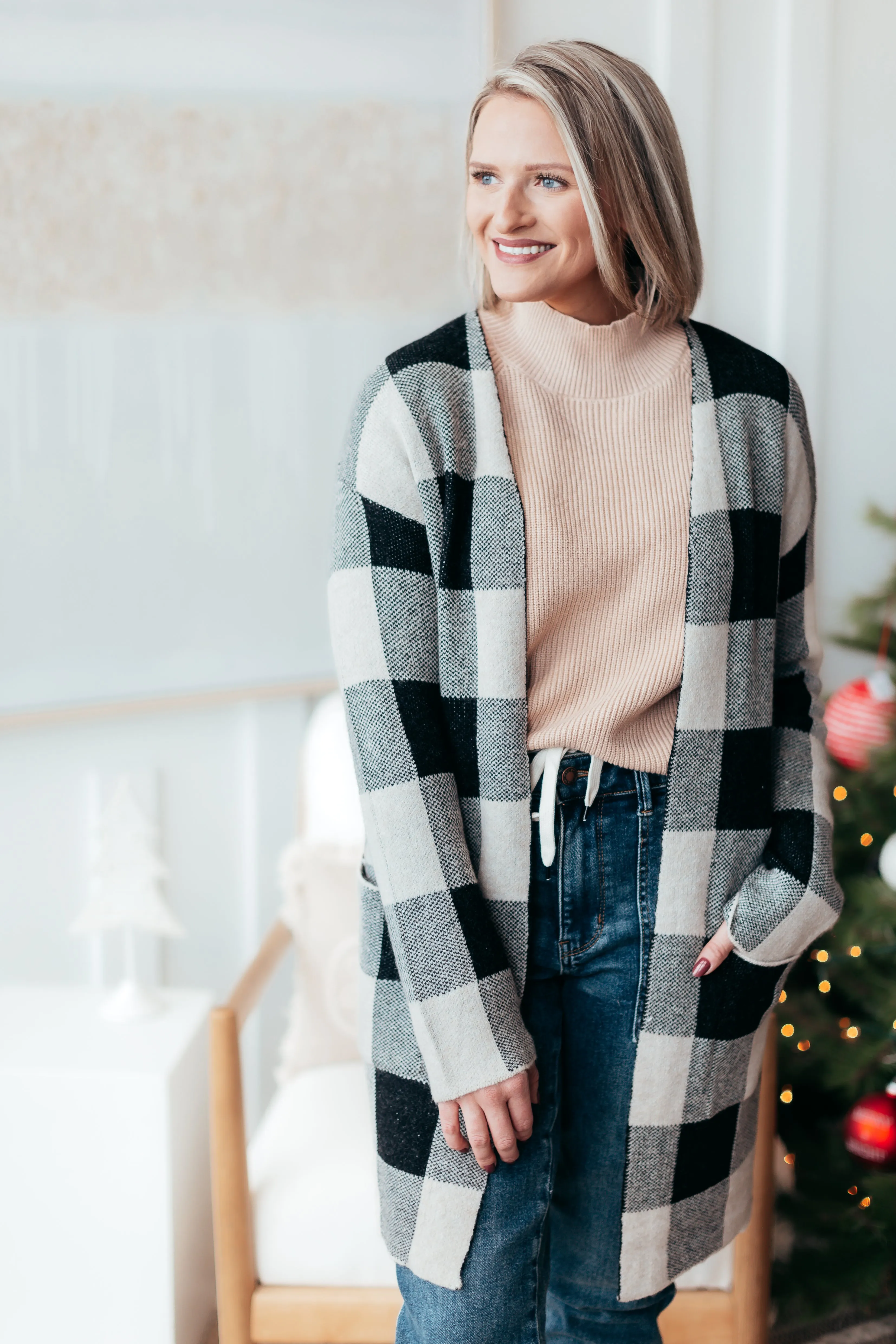 Checkered Long Pocket Cardigan