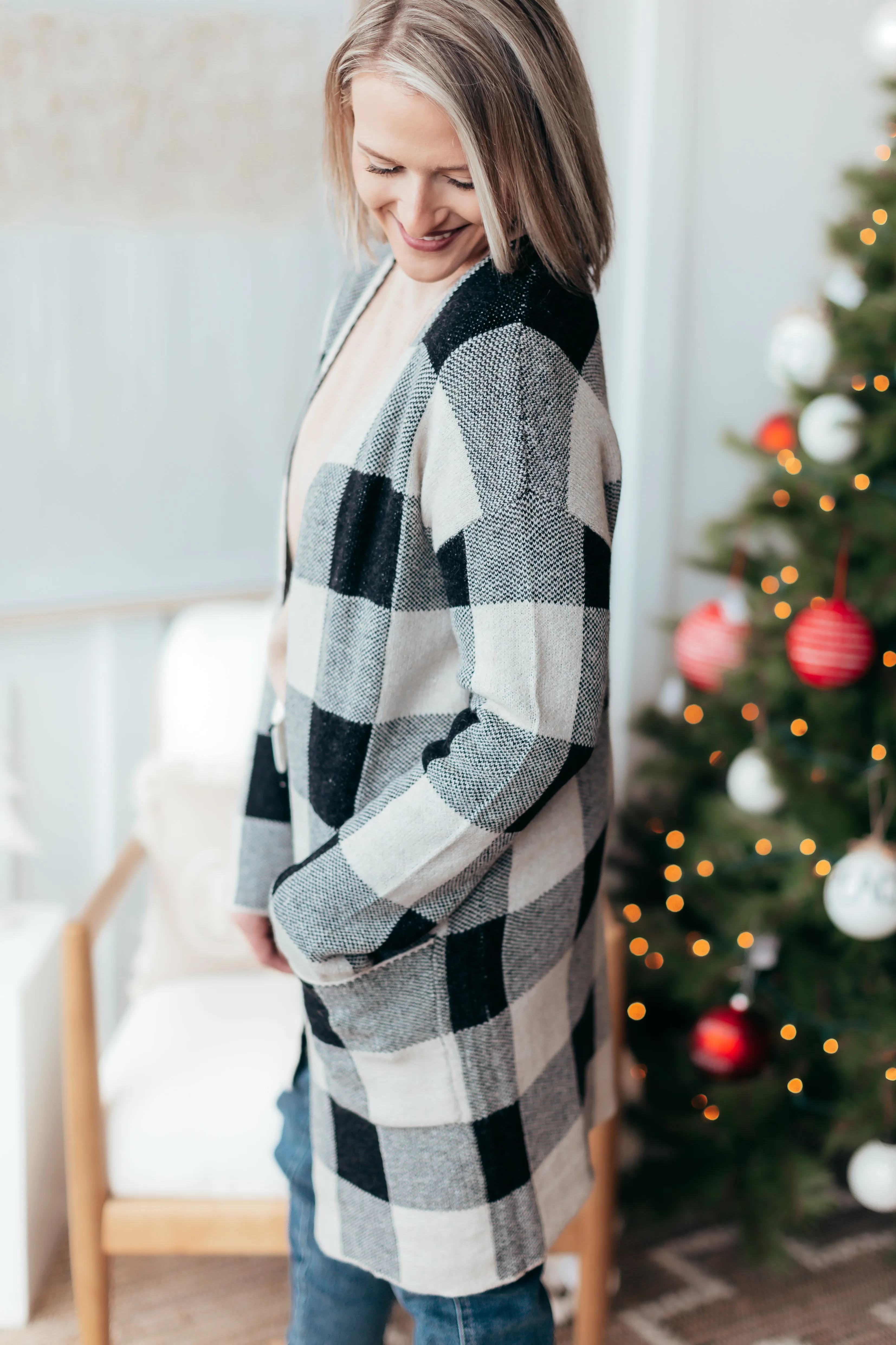 Checkered Long Pocket Cardigan