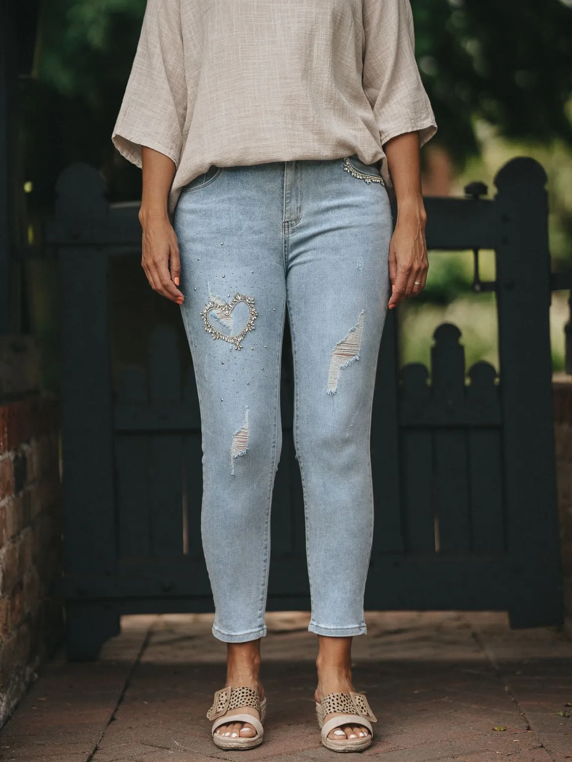 Distressed Embellished Heart Jeans