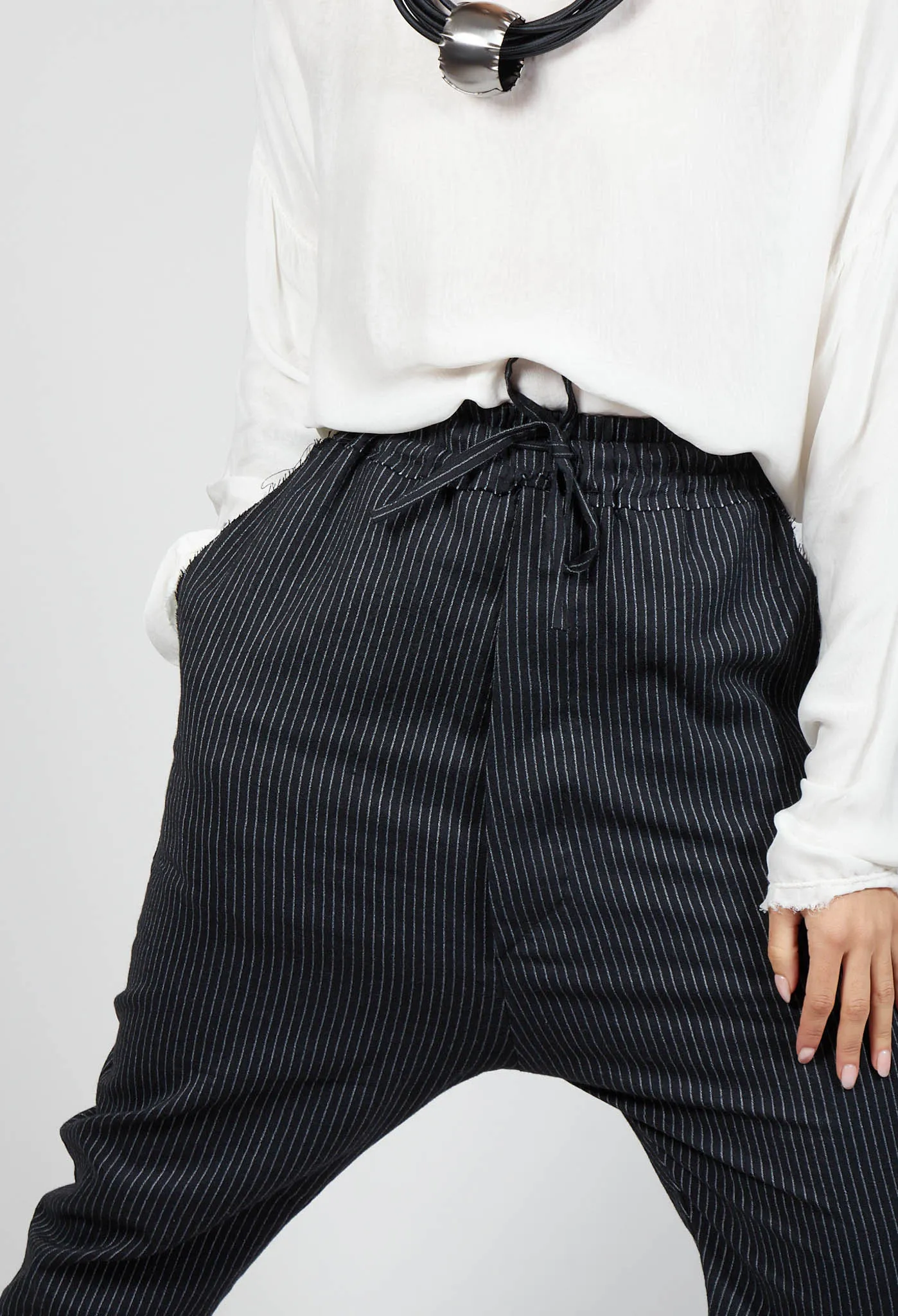 Drawstring Pinstripe Trousers in Black