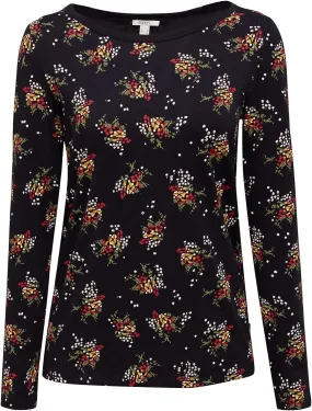 Esprit Floral Print Long Sleeve Organic T-Shirt in Black