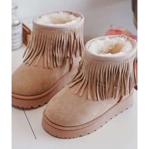 FR1 Insulated Children's Snow Boots With Decorative Fringes Beige Nimia