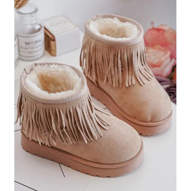 FR1 Insulated Children's Snow Boots With Decorative Fringes Beige Nimia