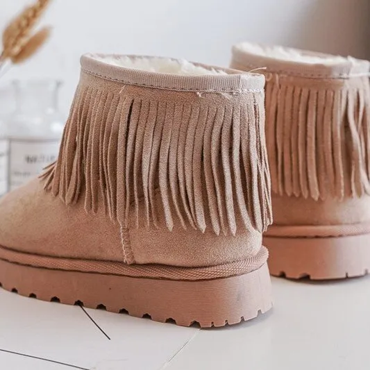 FR1 Insulated Children's Snow Boots With Decorative Fringes Beige Nimia