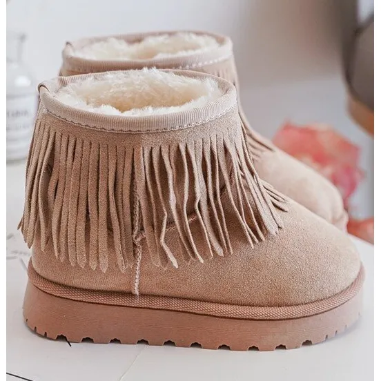 FR1 Insulated Children's Snow Boots With Decorative Fringes Beige Nimia