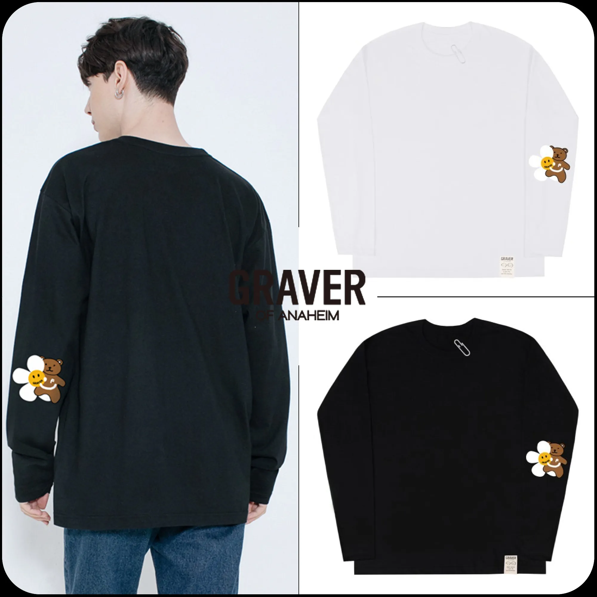 GRAVER  |[GRAVER]★ELBOW FLOWER BEAR SMILE LONG SLEEVE T-SHIRT