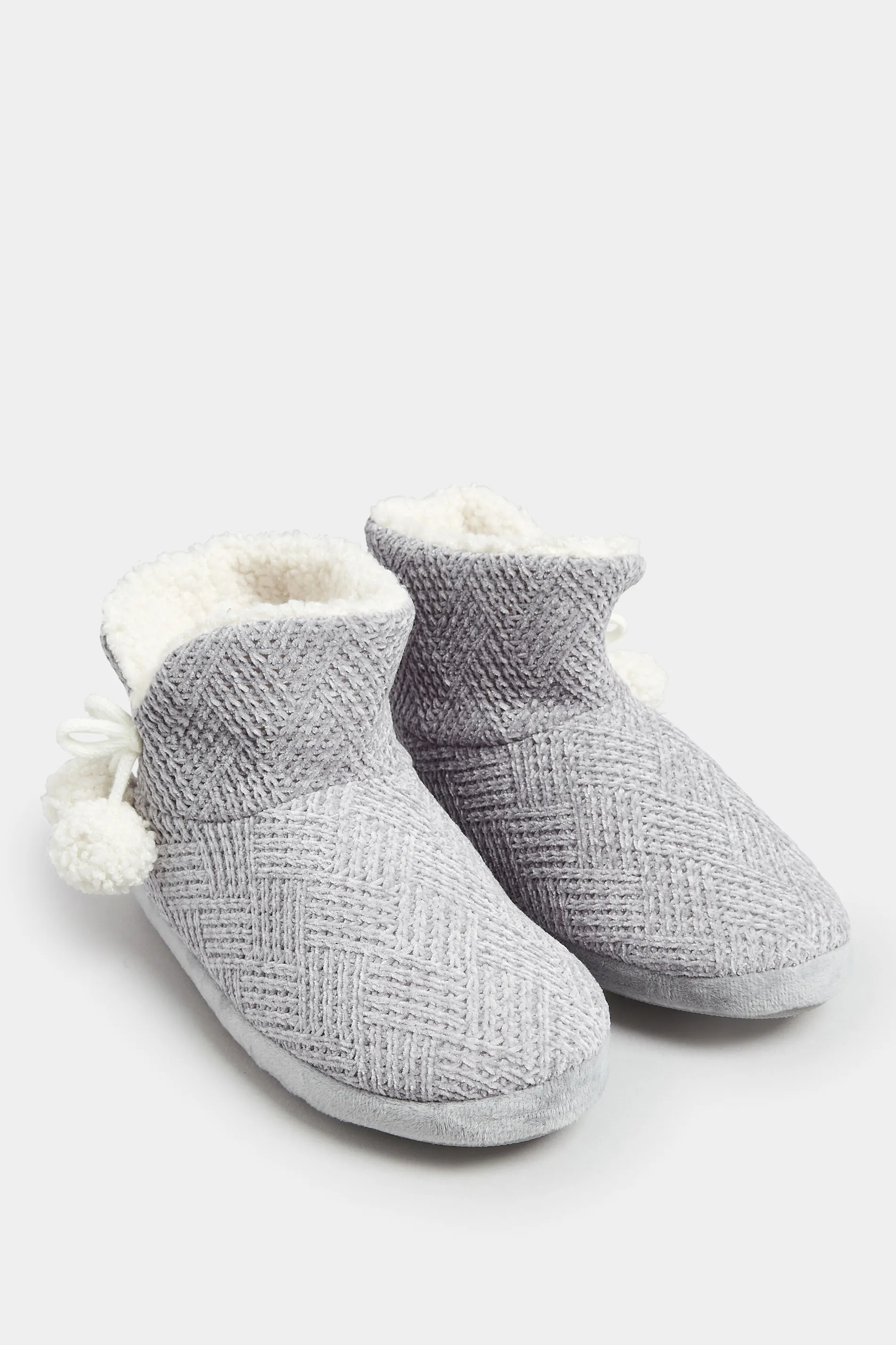 Grey Fluffy Chevron Slipper Boots In Wide E Fit