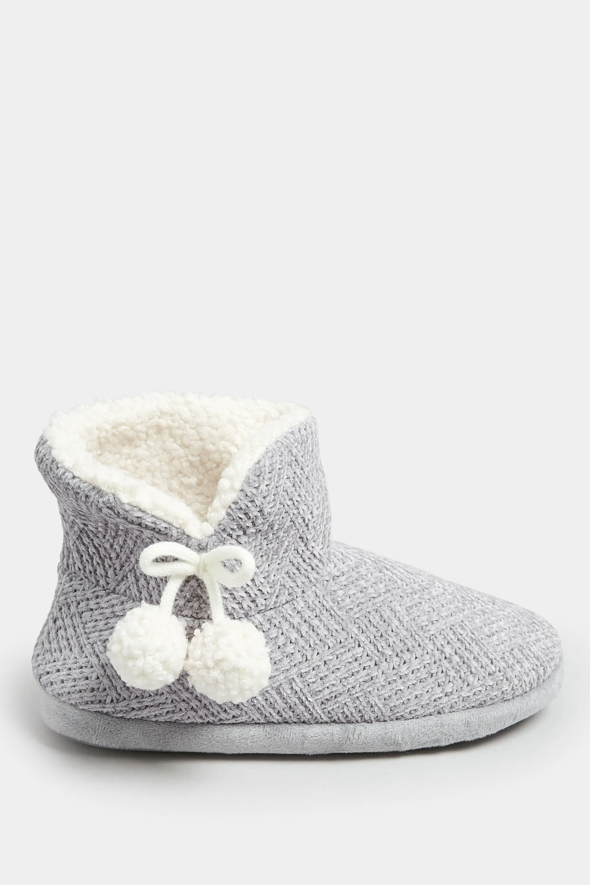 Grey Fluffy Chevron Slipper Boots In Wide E Fit