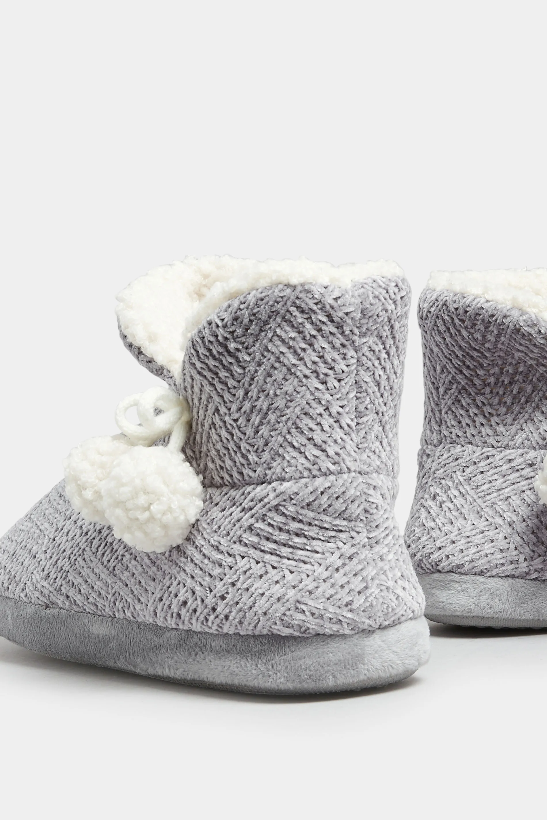 Grey Fluffy Chevron Slipper Boots In Wide E Fit