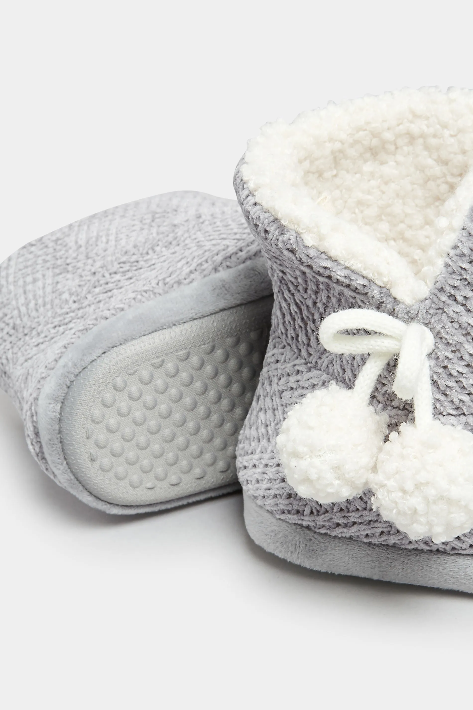 Grey Fluffy Chevron Slipper Boots In Wide E Fit