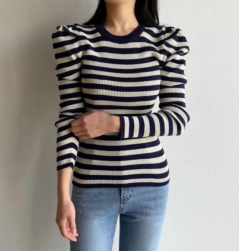 I AM MARI  |Stripes Long Sleeves Puff Sleeves V-neck & Crew neck