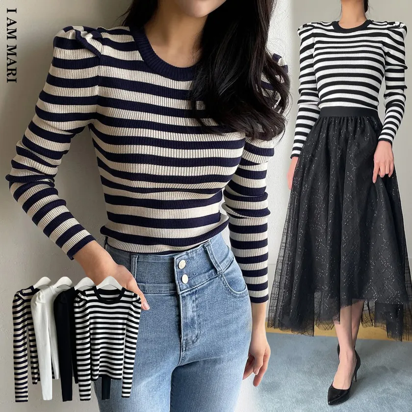 I AM MARI  |Stripes Long Sleeves Puff Sleeves V-neck & Crew neck