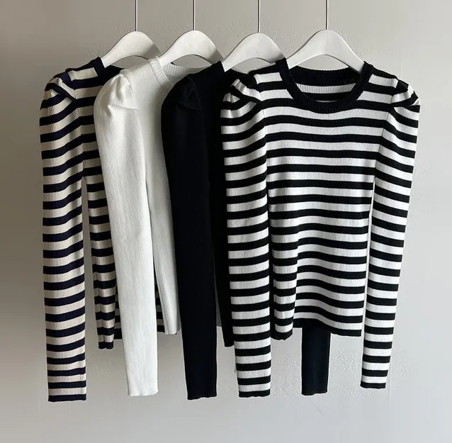 I AM MARI  |Stripes Long Sleeves Puff Sleeves V-neck & Crew neck