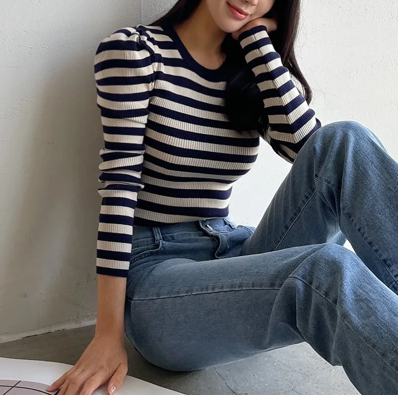 I AM MARI  |Stripes Long Sleeves Puff Sleeves V-neck & Crew neck