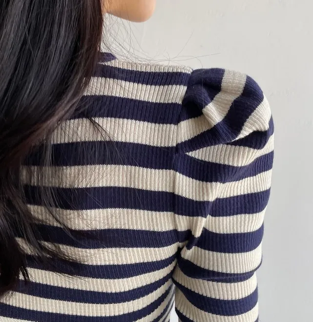 I AM MARI  |Stripes Long Sleeves Puff Sleeves V-neck & Crew neck