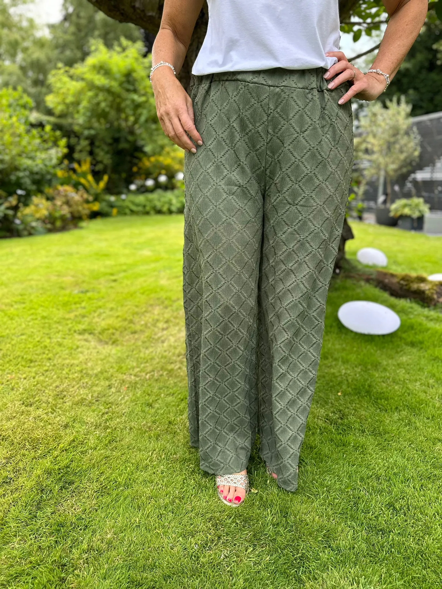 Khaki Diamond Patterned Trousers Thalia