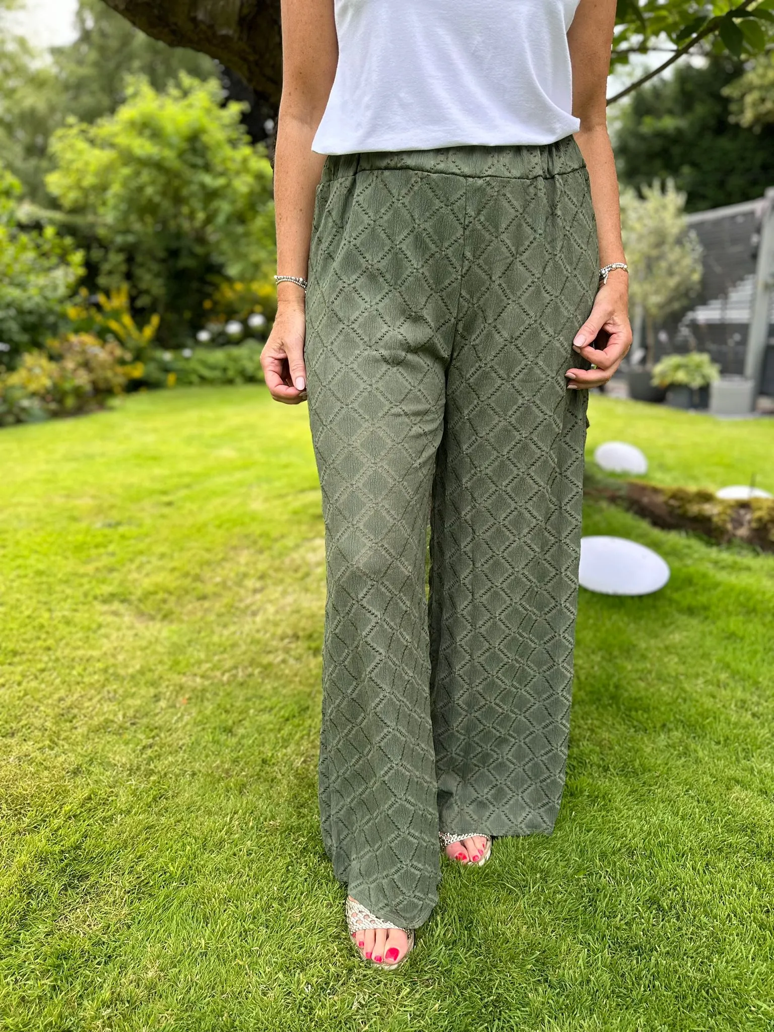 Khaki Diamond Patterned Trousers Thalia