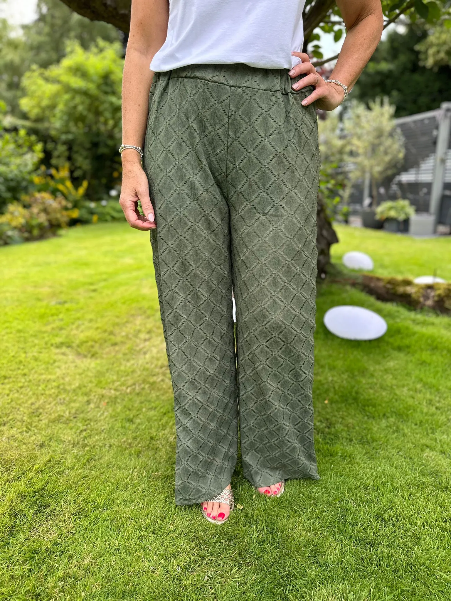 Khaki Diamond Patterned Trousers Thalia