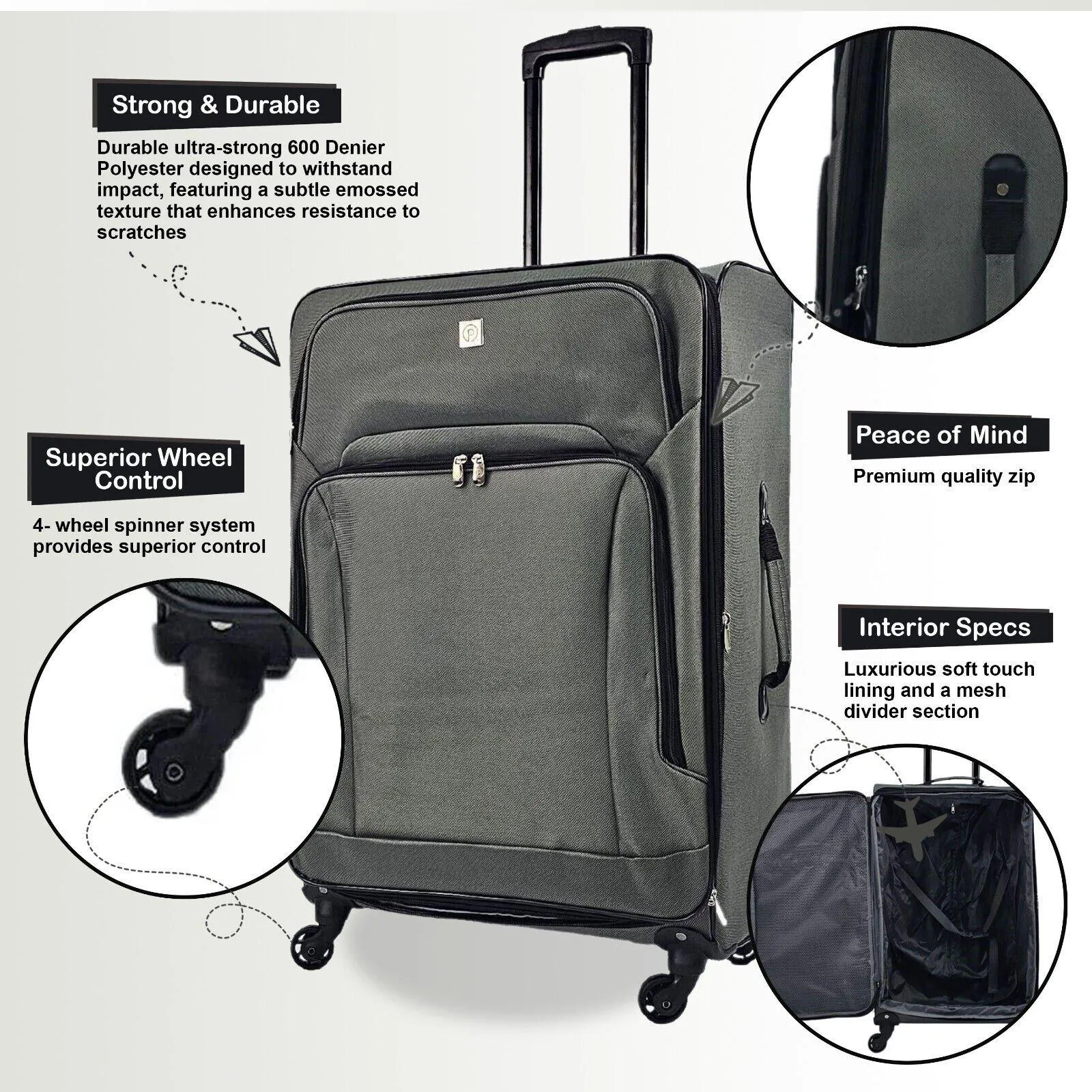 Luggage | Grey Lightweight 4 Wheel Luggage Travel Cases Soft Bags Suitcases | Infinity Leather