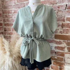 Margaret Button Down Top Waist Tie Top Sage