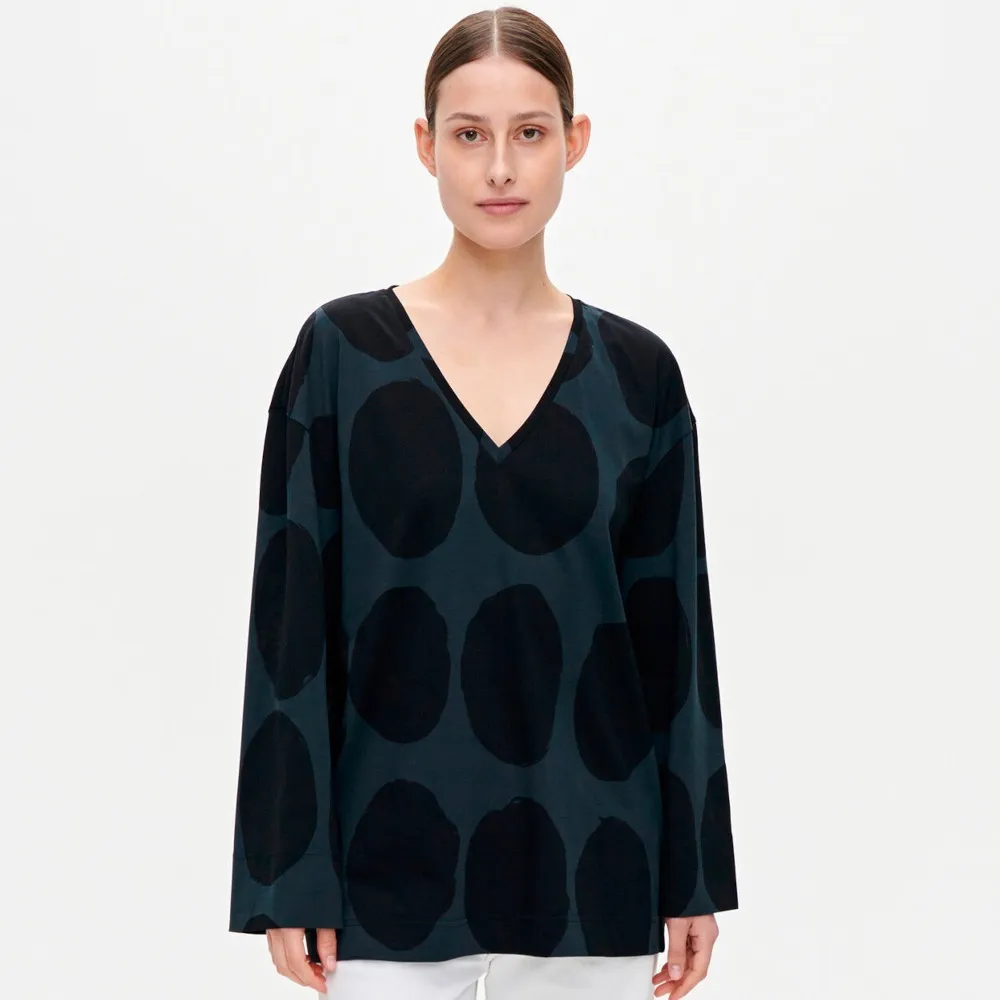 marimekko  |Dots V-Neck Long Sleeves Cotton Medium Puff Sleeves Tunics