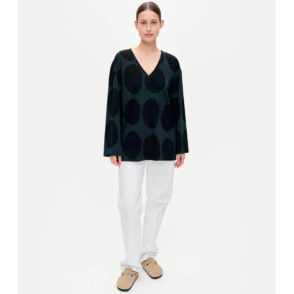 marimekko  |Dots V-Neck Long Sleeves Cotton Medium Puff Sleeves Tunics