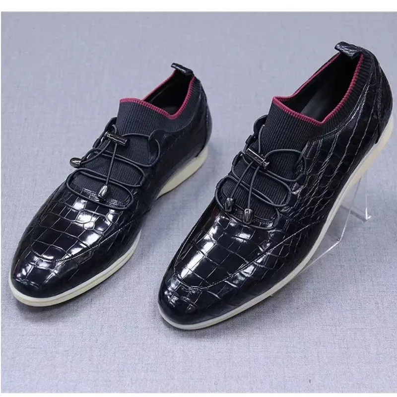 Men's Genuine Crocodile Skin Leather Elastic Band Closure Casual Shoes