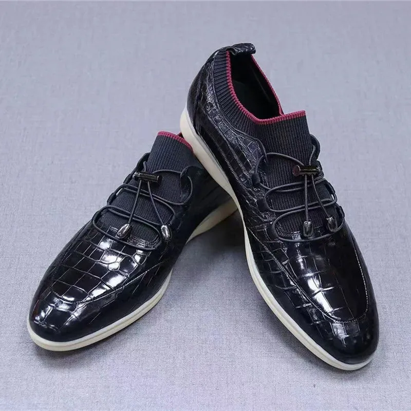 Men's Genuine Crocodile Skin Leather Elastic Band Closure Casual Shoes