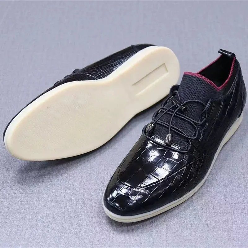 Men's Genuine Crocodile Skin Leather Elastic Band Closure Casual Shoes