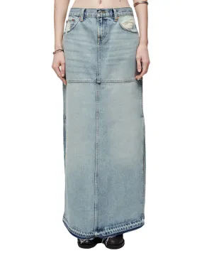 Mid Rise Denim Split Skirt in Rip Tide