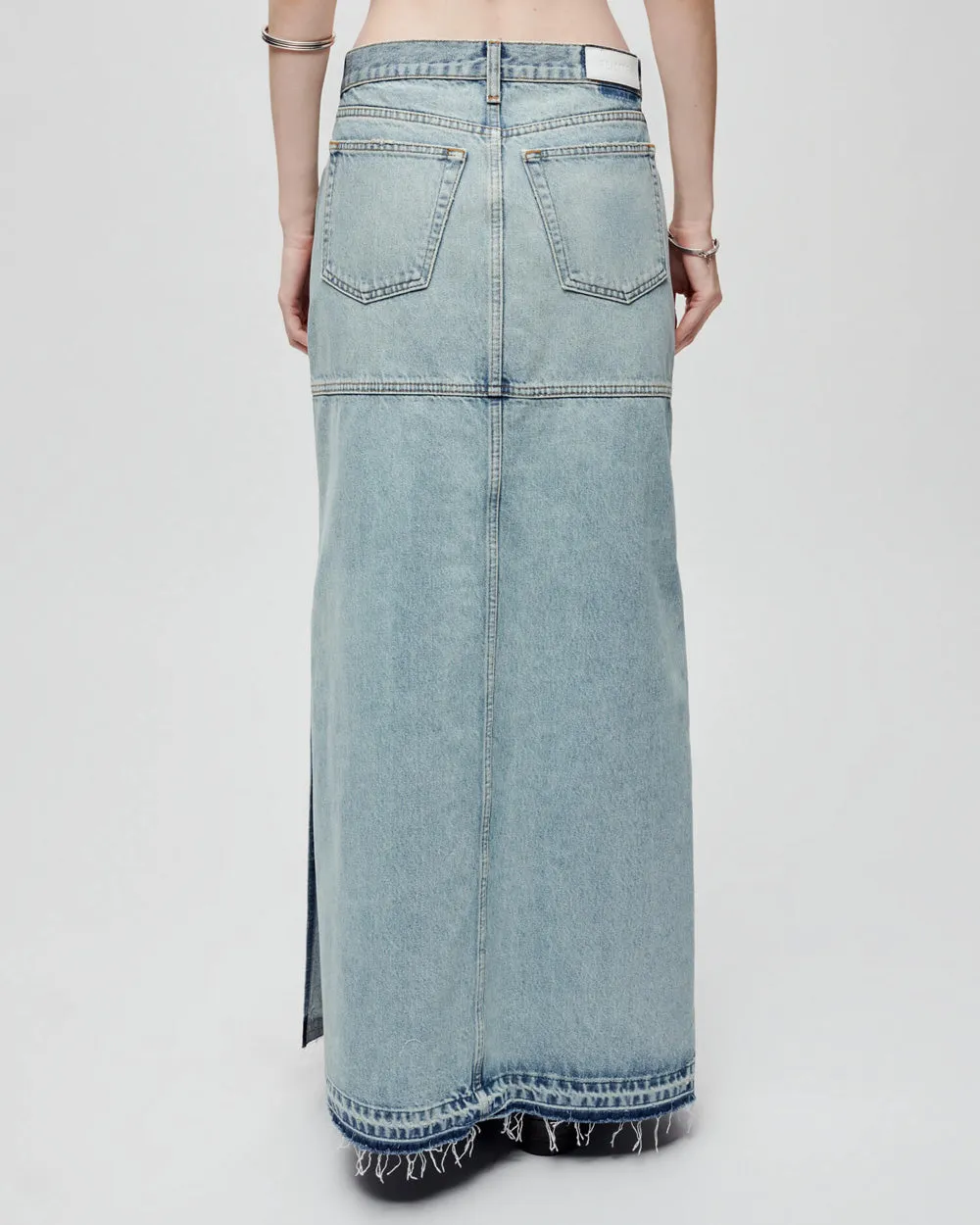 Mid Rise Denim Split Skirt in Rip Tide