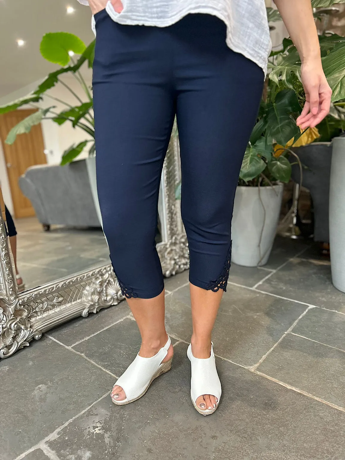 Navy Lace Capri Pants