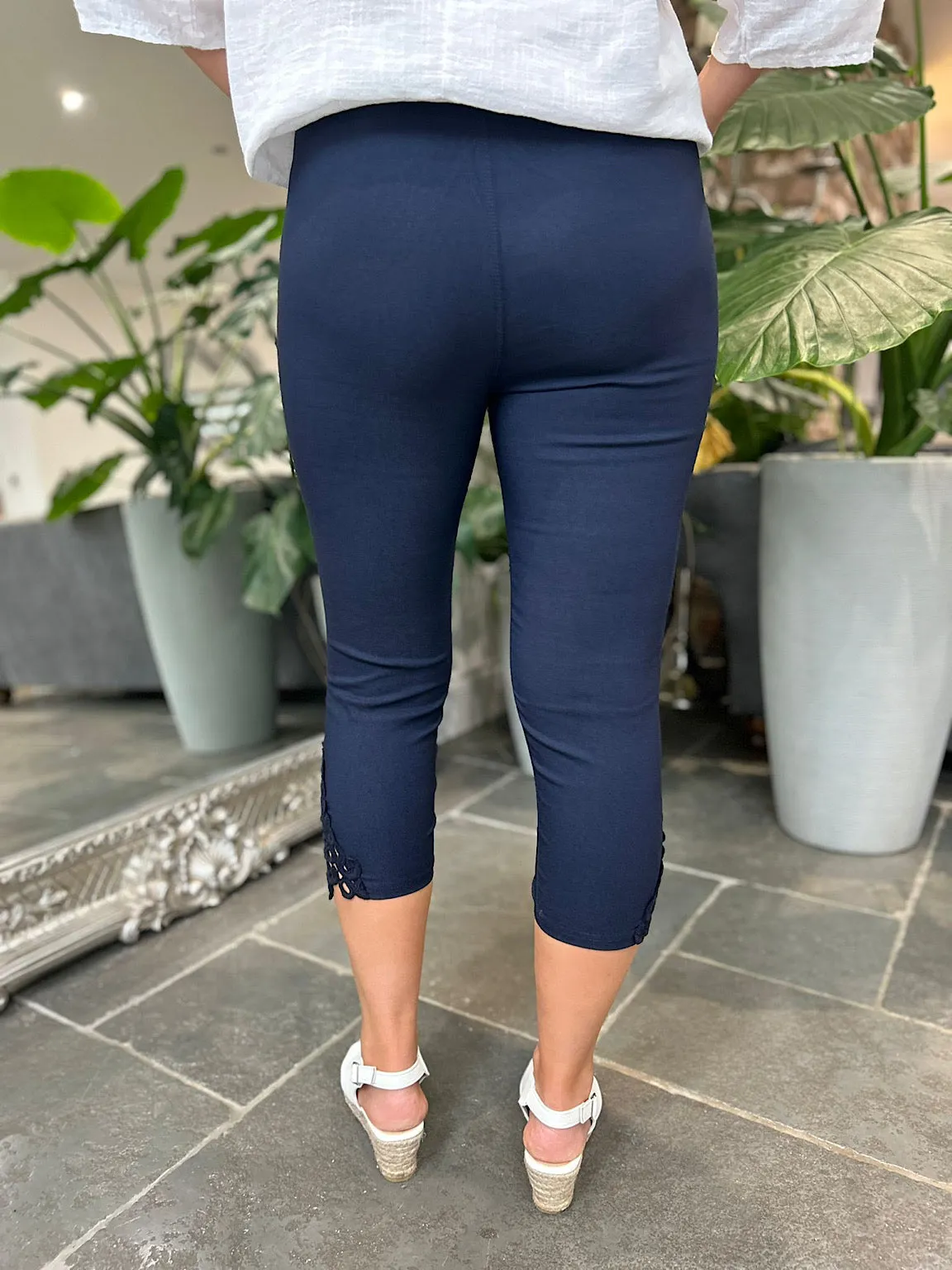 Navy Lace Capri Pants