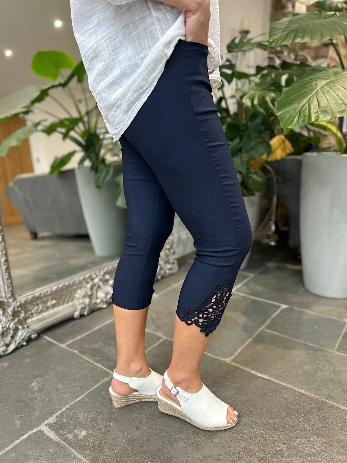 Navy Lace Capri Pants