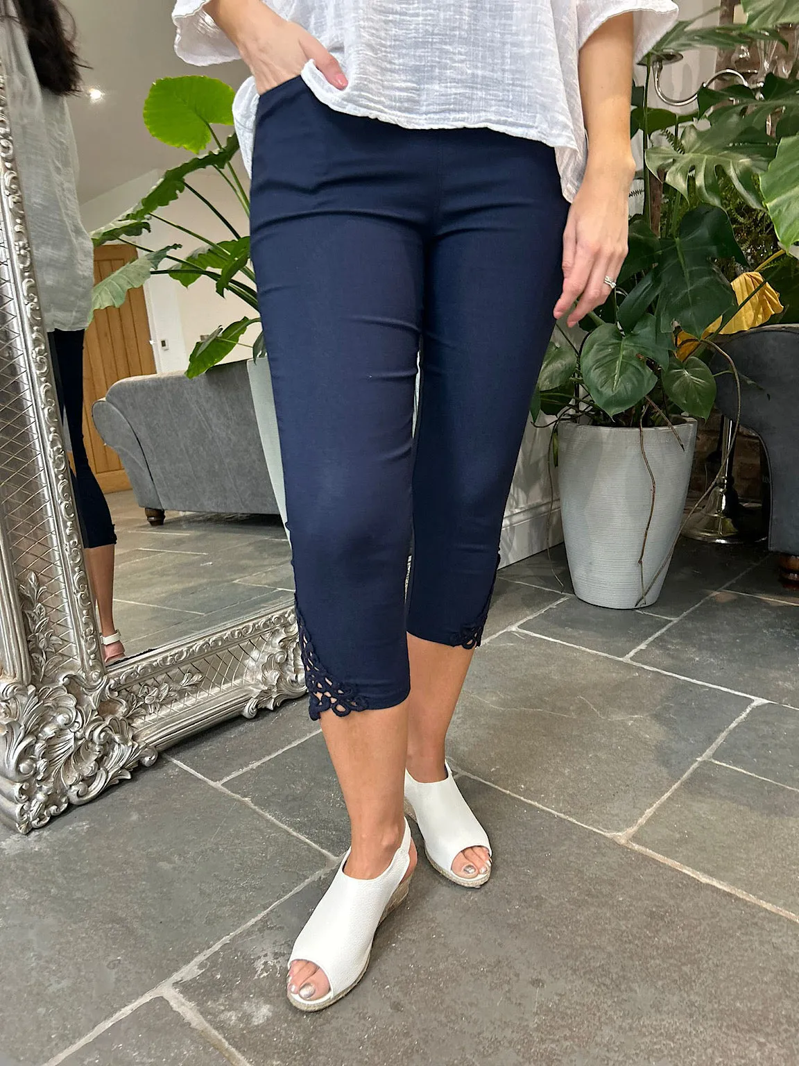 Navy Lace Capri Pants