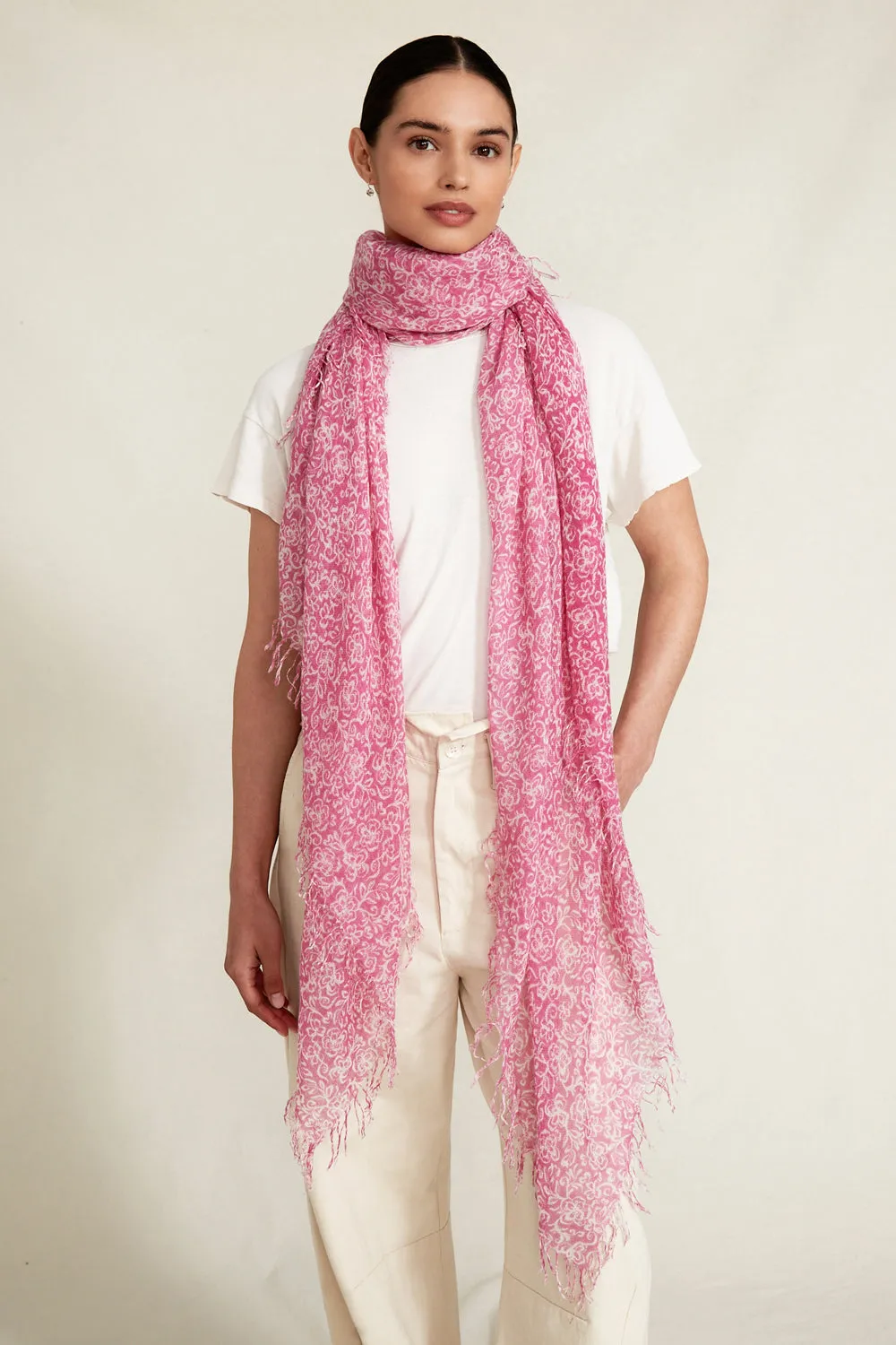 Pink Hibiscus Floral Print Cashmere and Silk Scarf