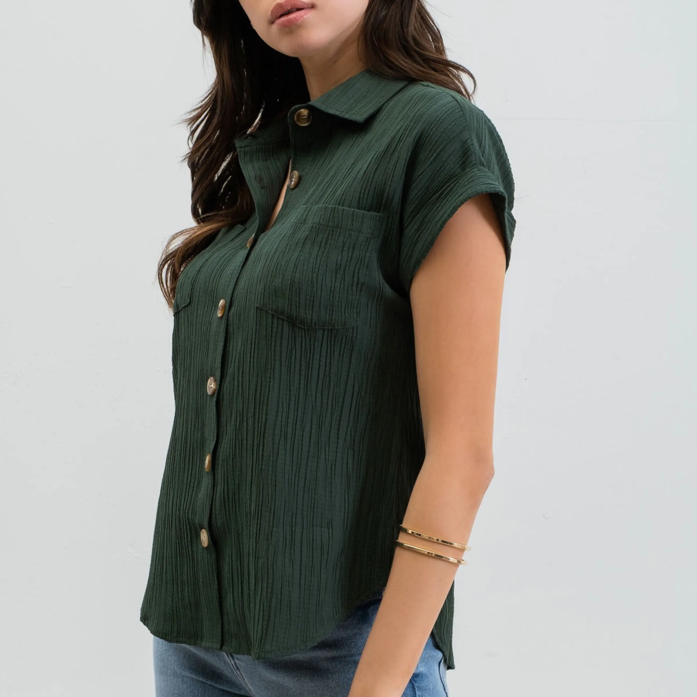 Play No Games Button Down Top Hunter Green